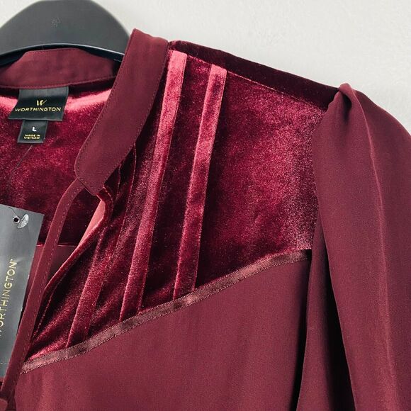 Worthington Blouse Tie Neck L Burgundy Velvet‎ Upper Bell Sleeves NWT - Picture 4 of 11
